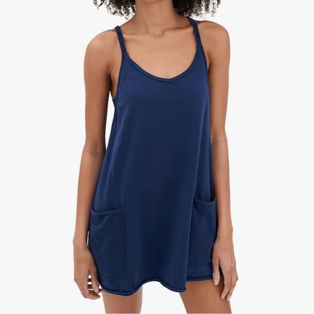 Navy Blue Sleeveless Dress with Pockets 1